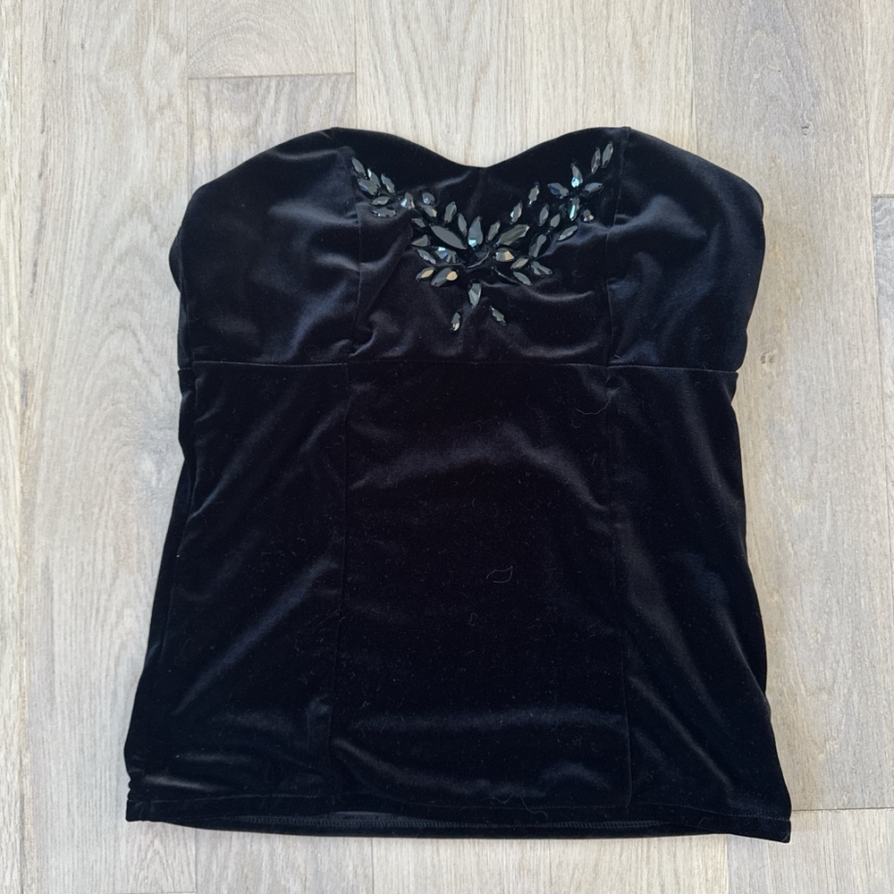 White House Black Market Black Velvet Bustier with Embroidery